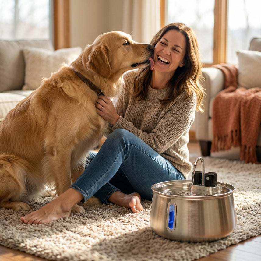 Femme avec son Golden Retriever et sa fontaine Zevlo