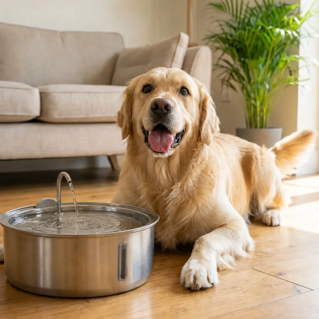 Golden Retriever près d'une fontaine Zevlo